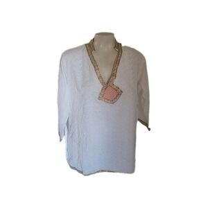 Milagro's Women Ethnic White‎ Beaded Pullover Top L Gold White Paisley Ceremony